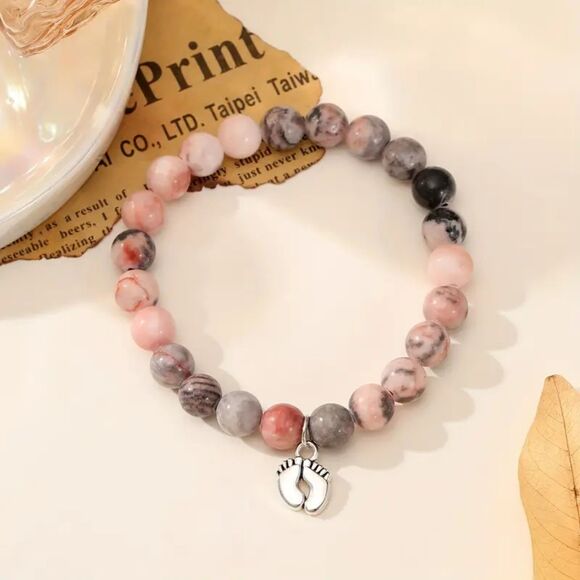 Natural Jasper Stone Mom Stretch Beaded Bracelet Baby Charm Healing w Gift Card - Picture 2 of 4